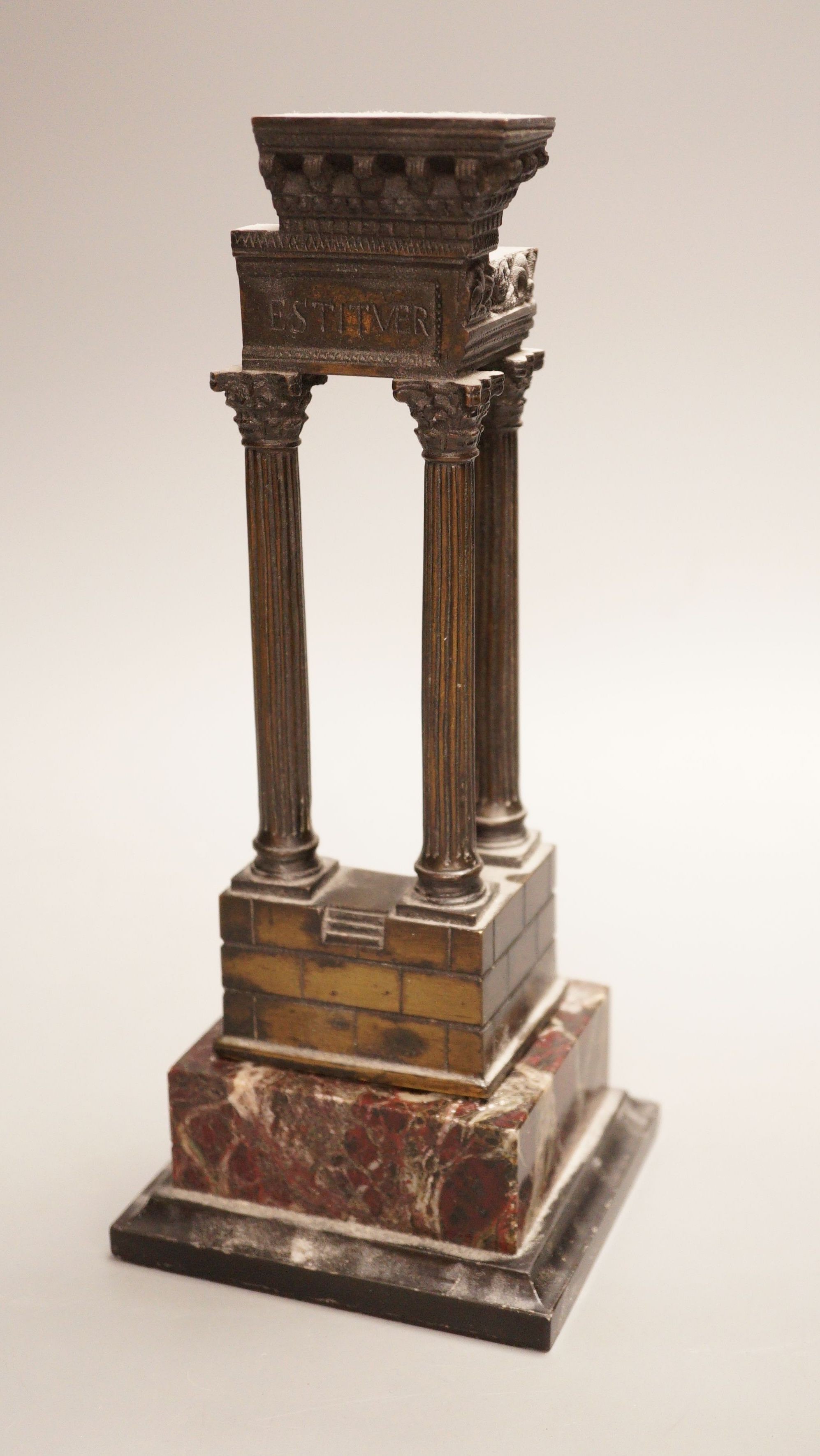 A late 19th century Grand Tour style bronze, temple ruins ‘Estitver’ on marble base, total height 26cm